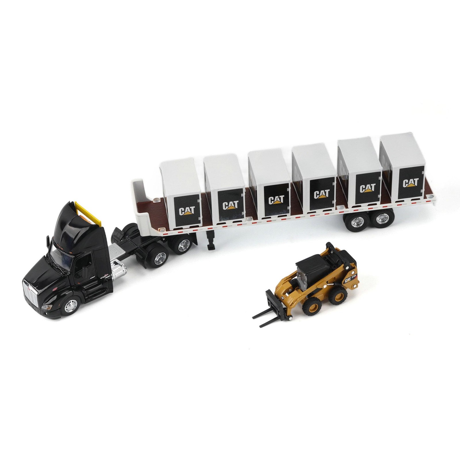 1/64 Black Peterbilt Semi Truck with Flatbed Trailer and accesories, 84675