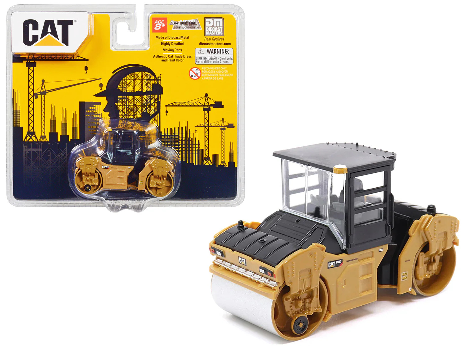 CAT Caterpillar CB-13 Tandem Vibratory Roller with Cab Yellow and Black 1/64 Die