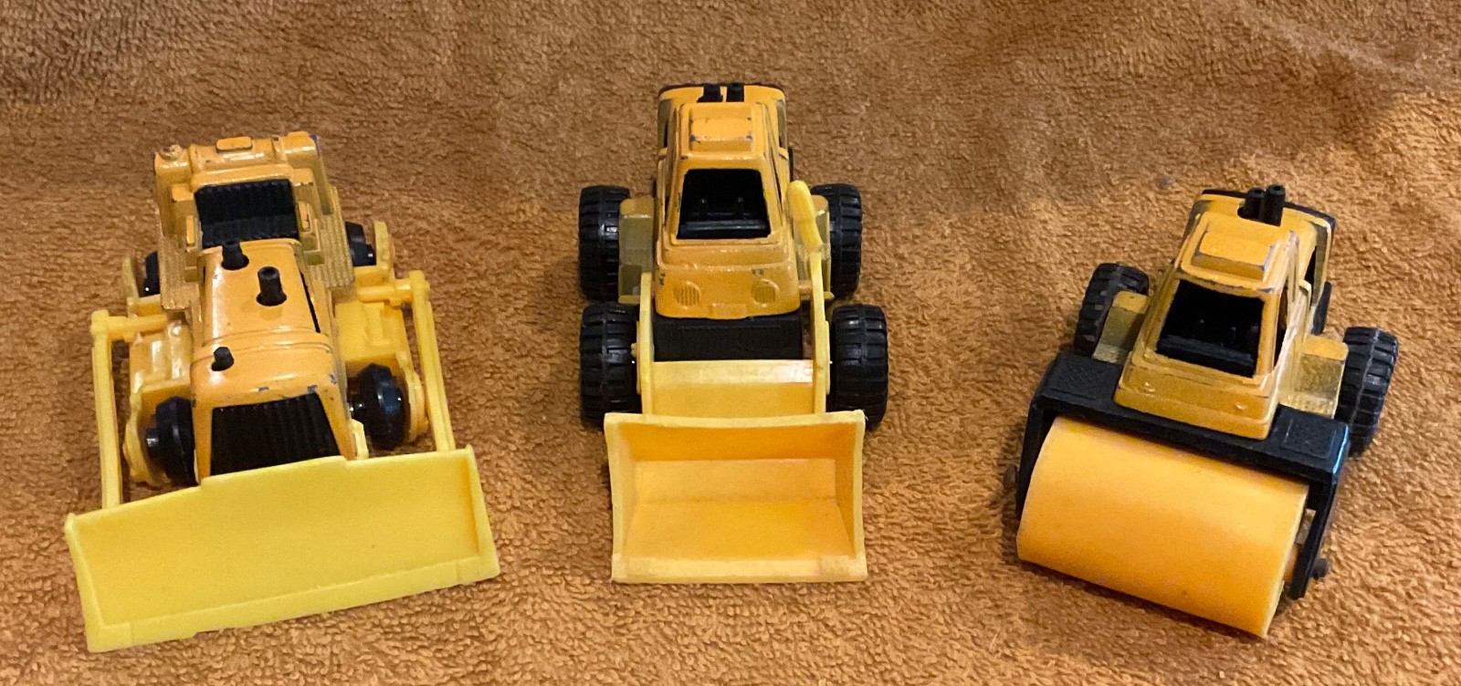3 Vintage Tootsie Toys Construction Vehicles Bulldozer Loader Metal Body USA