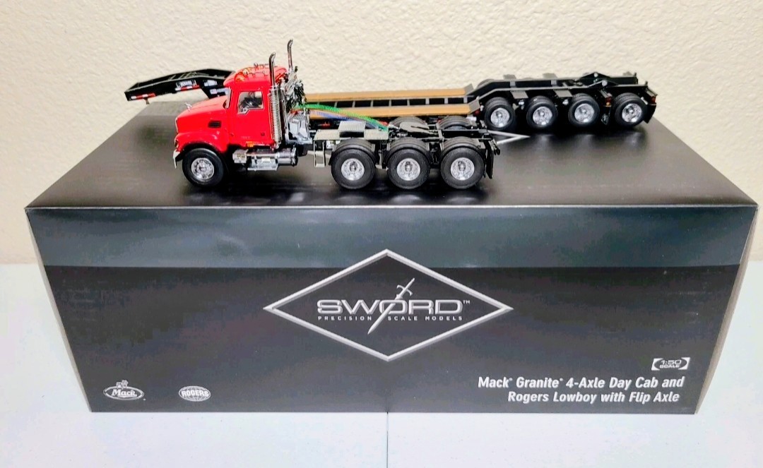 Mack Granite w Rogers 4-Axle Lowboy – Red/Black Sword 1:50 Scale #SW2101-RK New