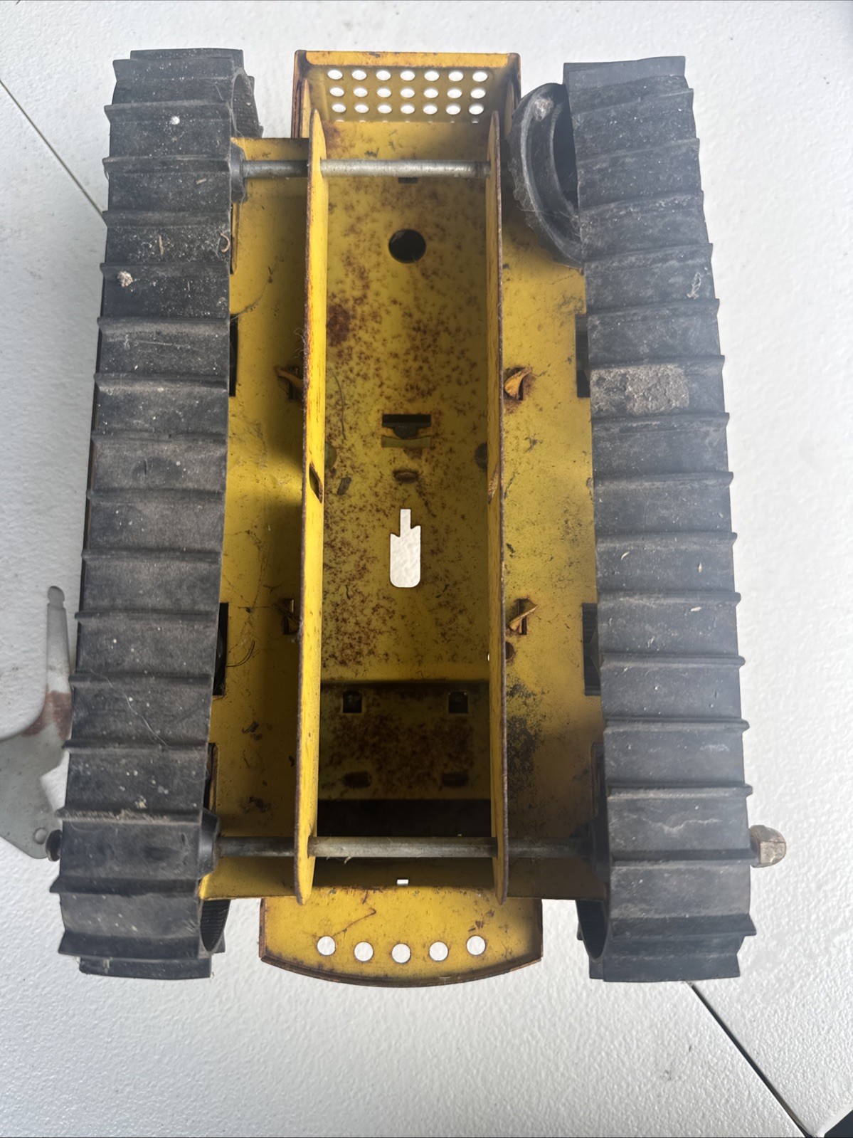 Vintage Toy Bulldozer, Yellow Black Painted Pressed Steel Missing the Blade