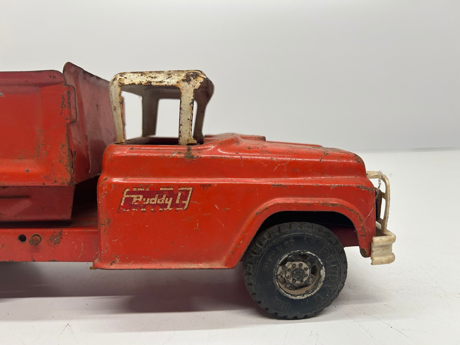 Vtg Buddy L c1960s Dump Truck Pressed Steel Toy Car Red 15&Prime;