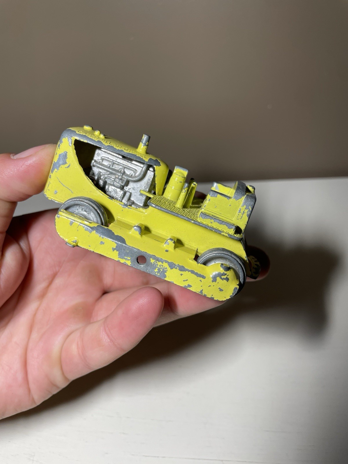 Antique Tootsie Toy Caterpillar Diesel Yellow Die cast Dozer – No Tracks/Plow