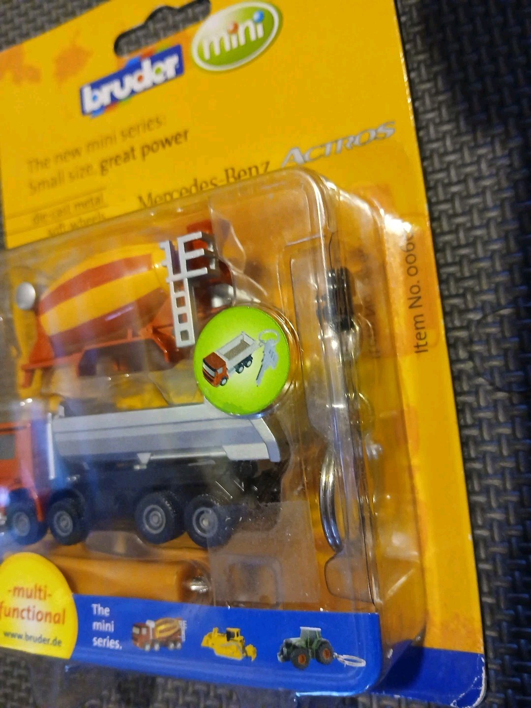 Bruder Toys 1:128 Mini Mercedes-Benz Actros Dump Truck / Cement Mixer Keychain