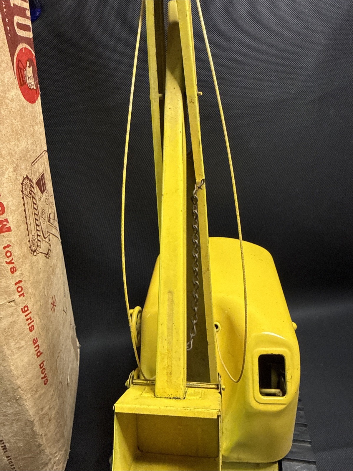 Vintage 1960s Structo Power Shovel Drag Line Crane Yellow Steel w/ Original Box