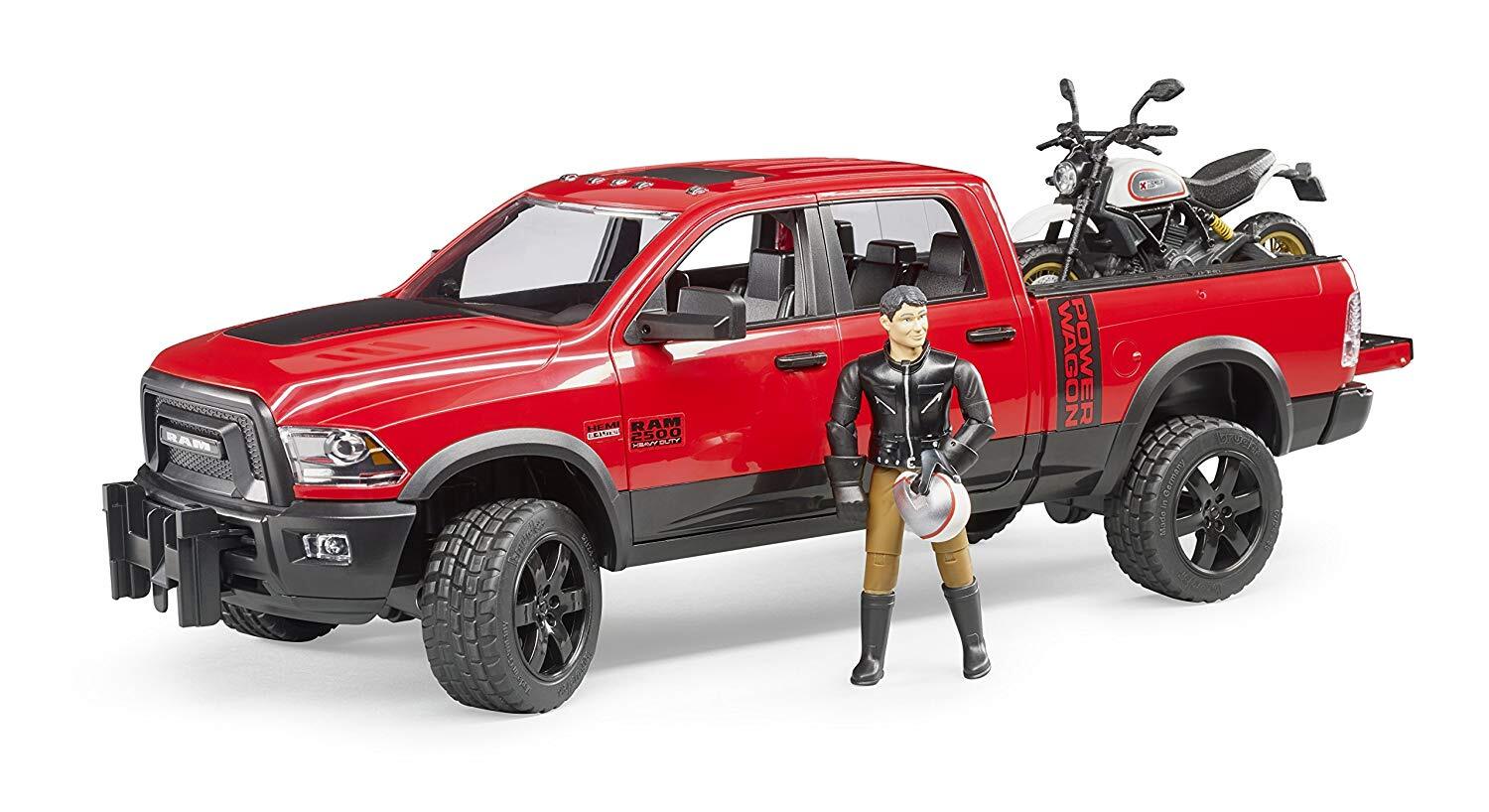 Bruder #02502 RAM Power Wagon with Scrambler Ducati Desert Sled and Figure – Ne