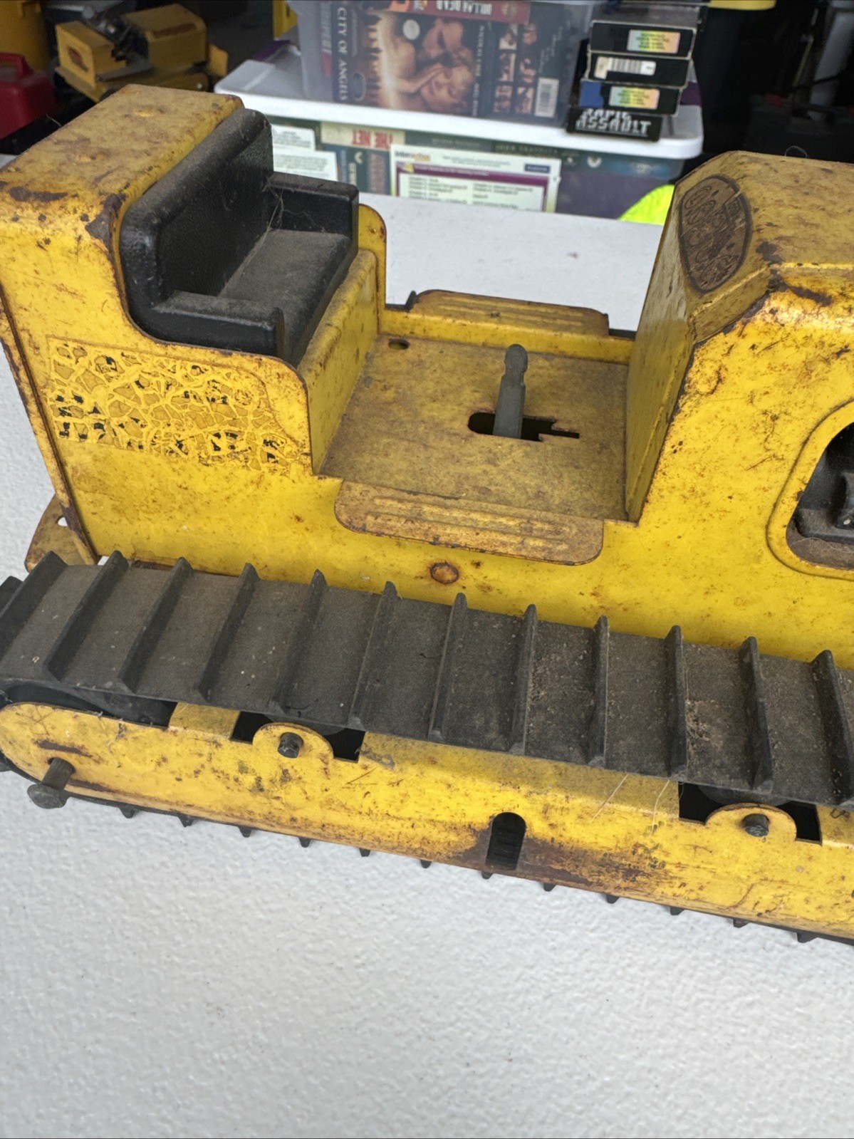Vintage Toy Bulldozer, Yellow Black Painted Pressed Steel Missing the Blade