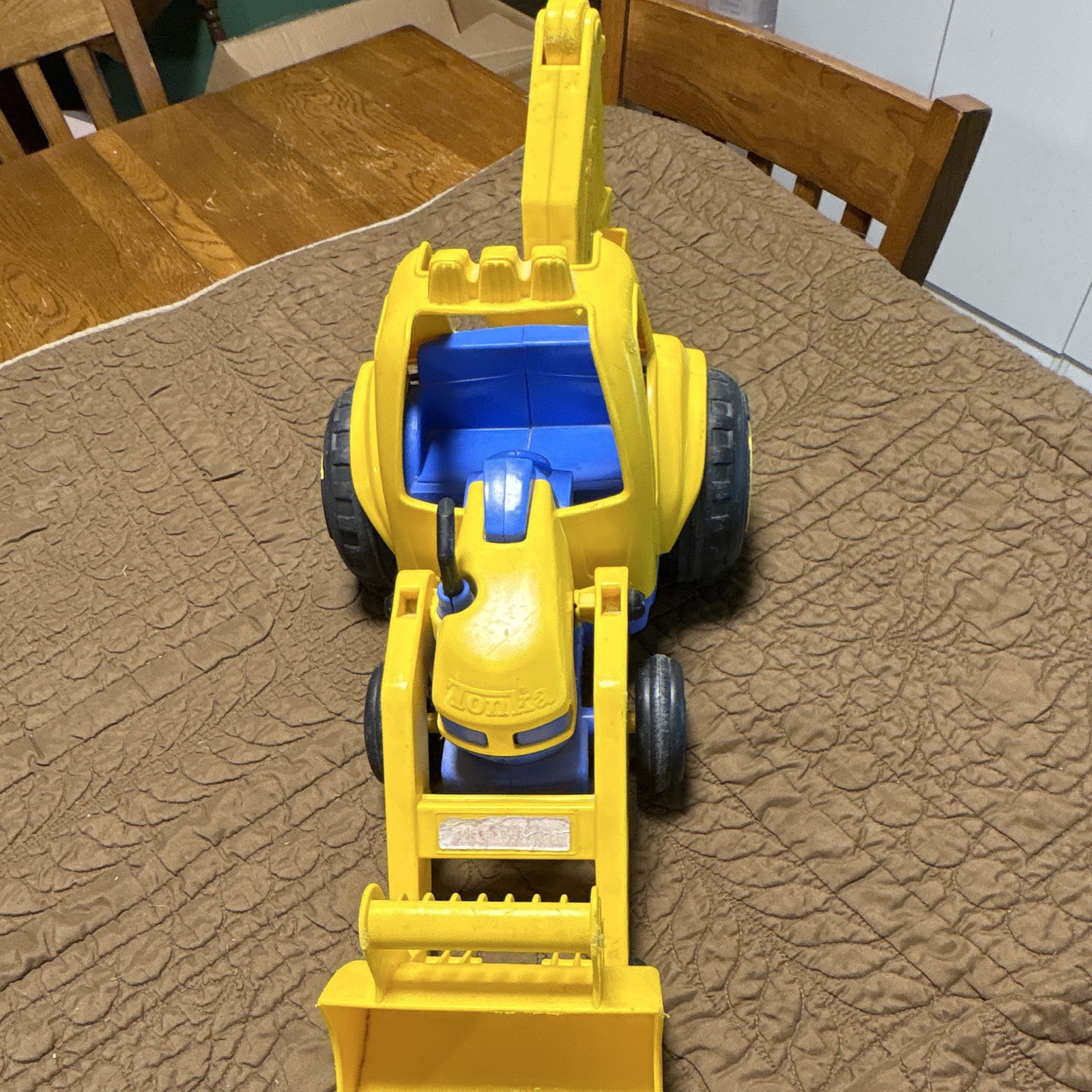Yellow/Blue Plastic Backhoe Loader Construction Vehicle Toy w/ Bucket