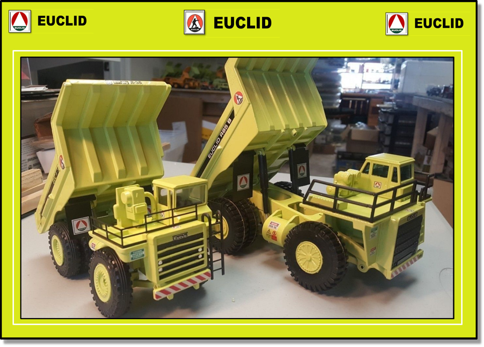 2 x EUCLID Dump Trucks R-85B / R-35 authentic 1955 « Hi Lite Green » Paint!!!