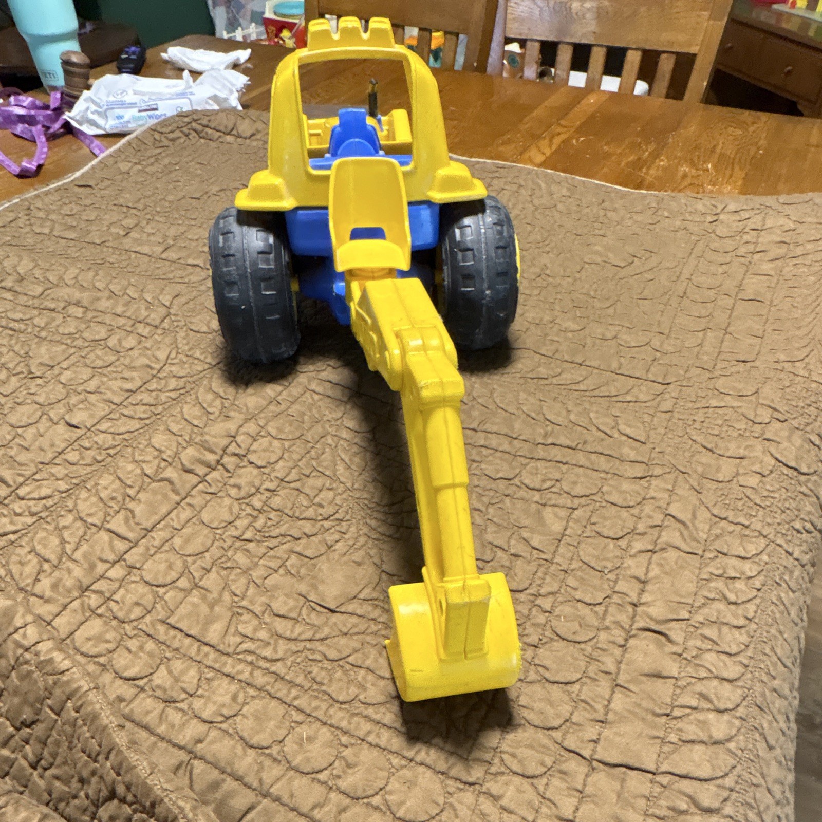 Yellow/Blue Plastic Backhoe Loader Construction Vehicle Toy w/ Bucket