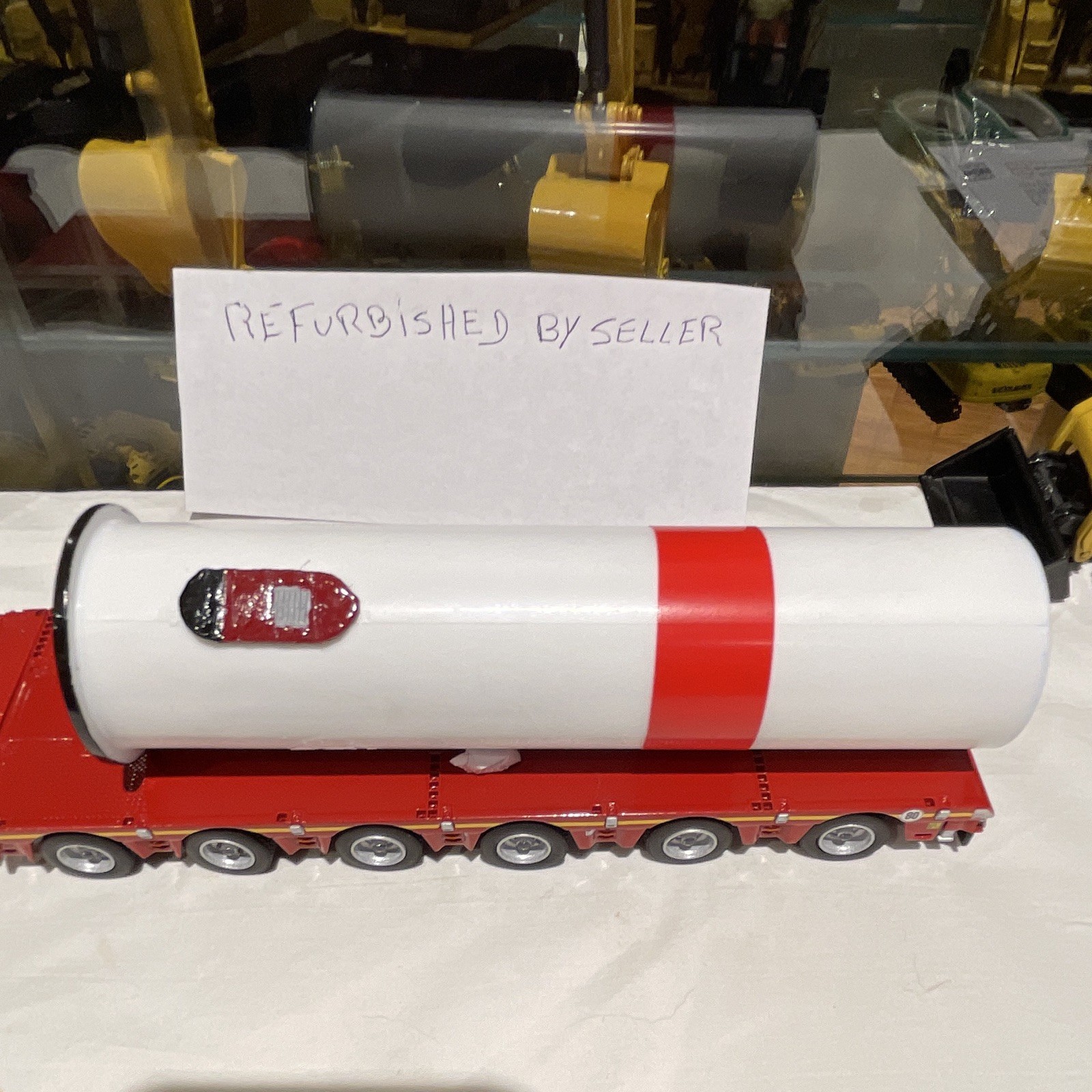 Construction Lowboy Heavy Haul Trailer Diecast Model White Red Cylinder Load