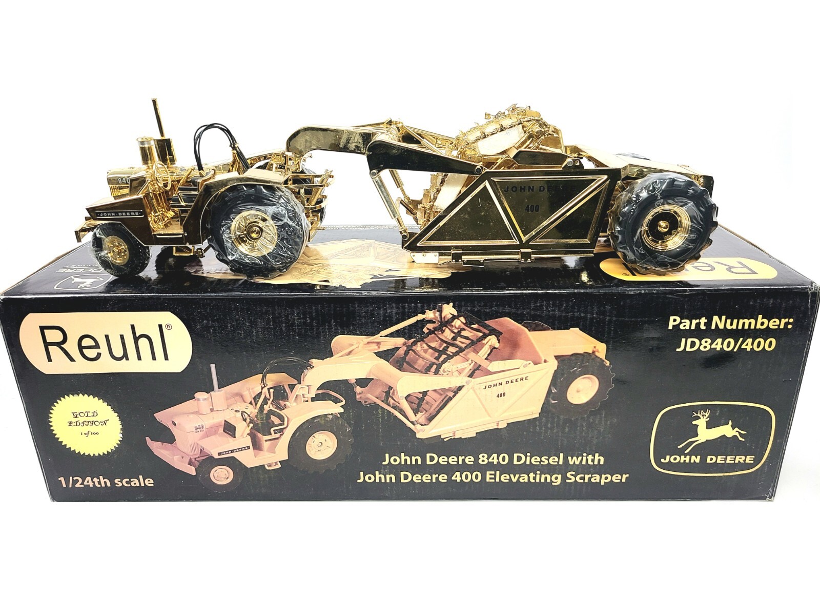 John Deere 840 Diesel with 400 Scraper – Gold Reuhl 1:24 Scale Model #JD840/400G