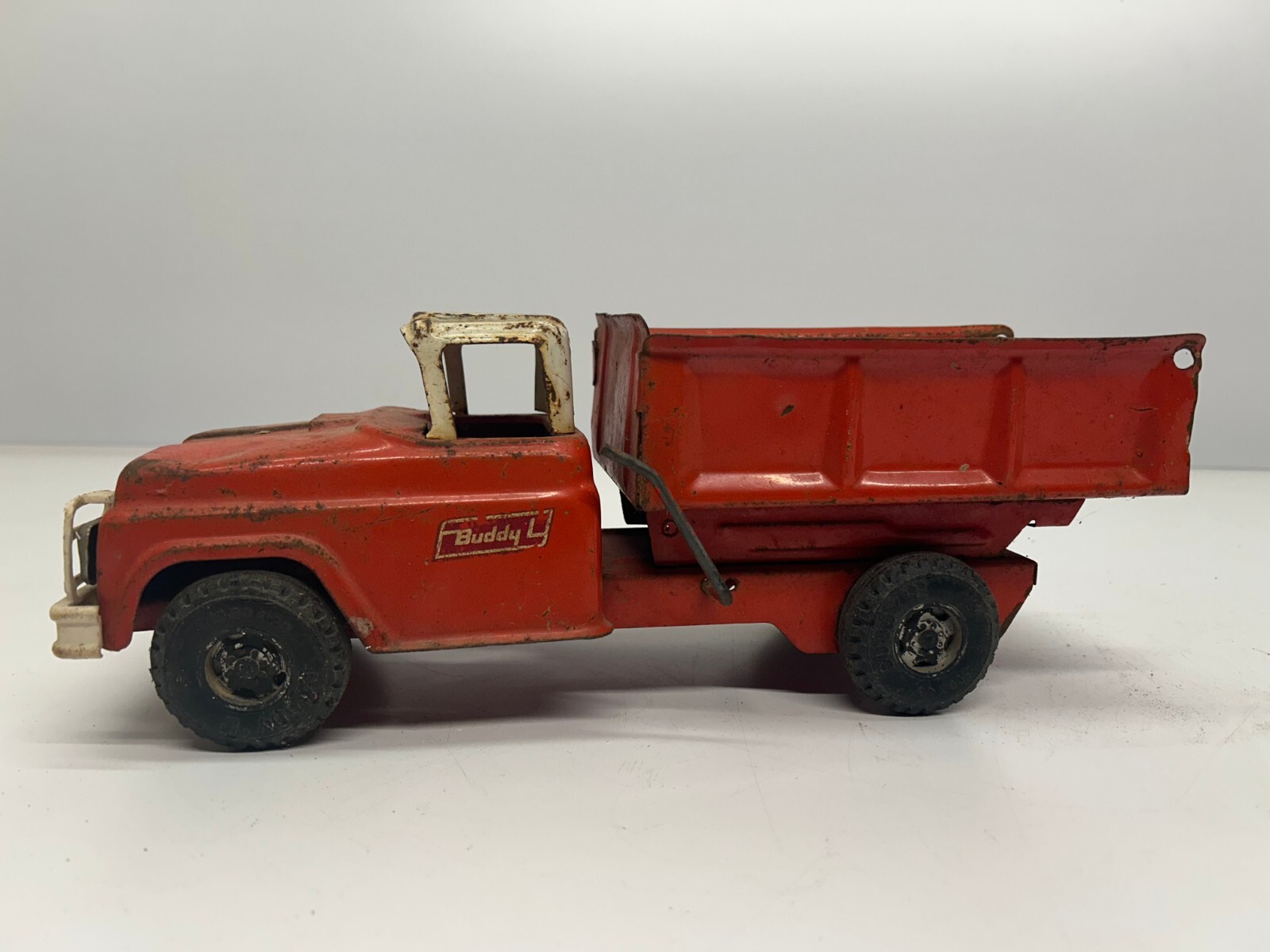 Vtg Buddy L c1960s Dump Truck Pressed Steel Toy Car Red 15&Prime;