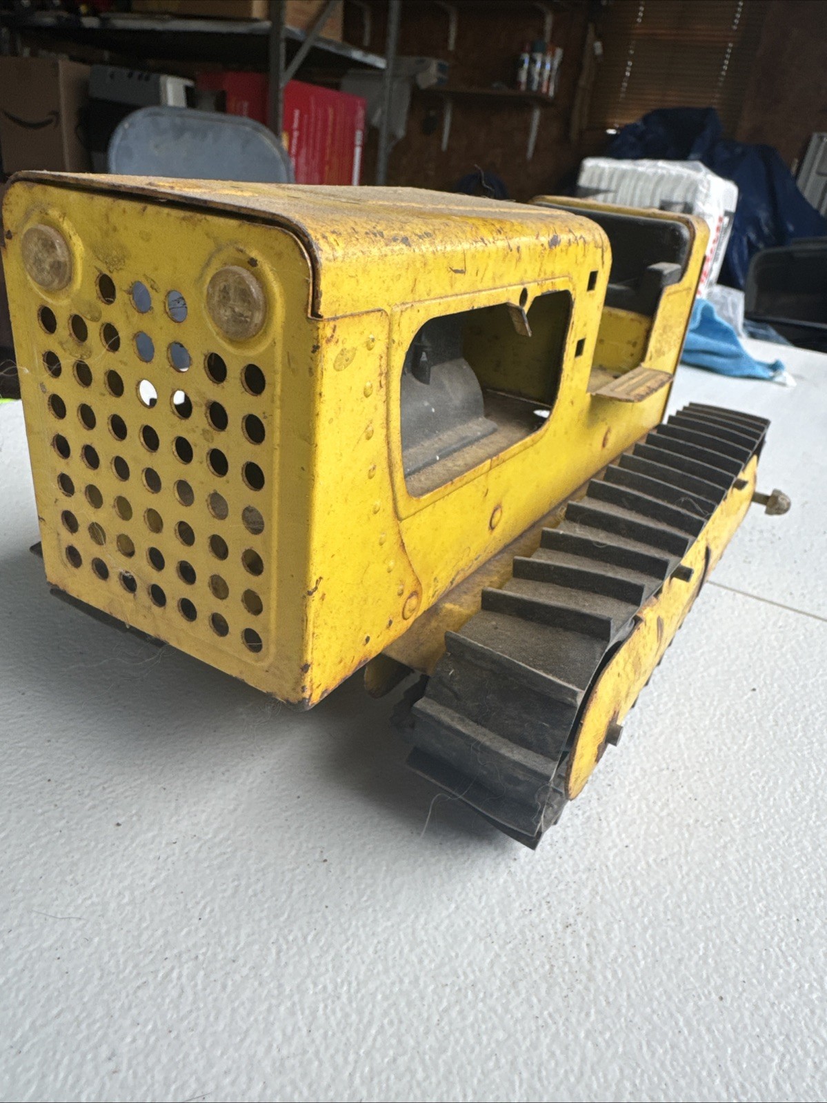 Vintage Toy Bulldozer, Yellow Black Painted Pressed Steel Missing the Blade