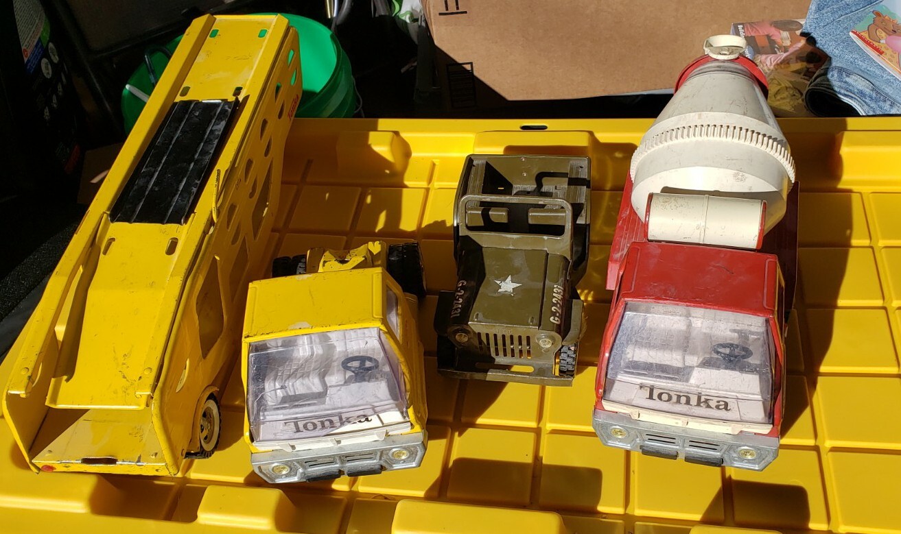 Lot Of 3 Vintage Tonka Yellow Car Carrier Hauler Pressed Steel Red Cement Mixer