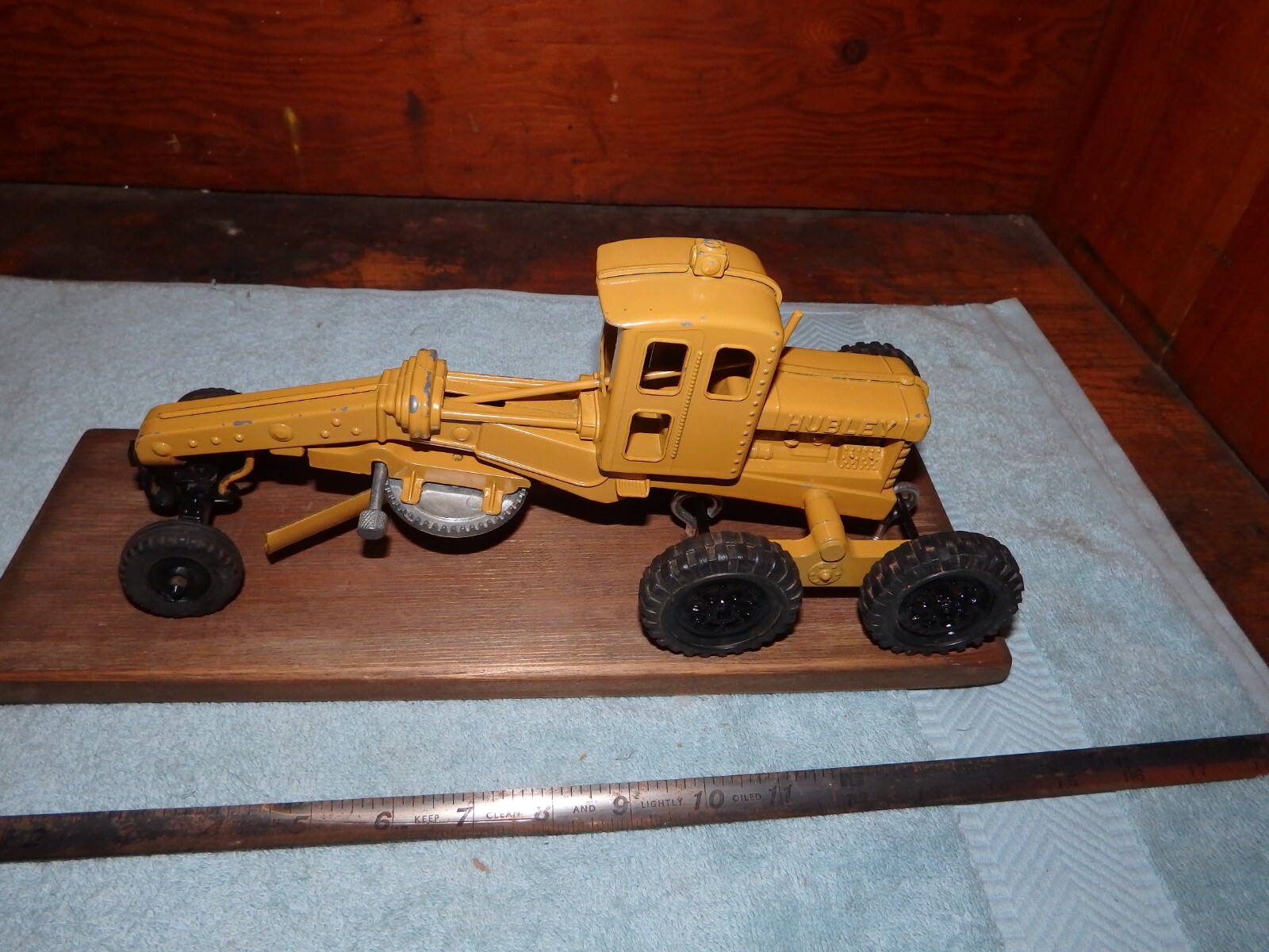 Hubley Kiddie Toy Cast Iron Road Grader Mounted on wood Plaque Restored