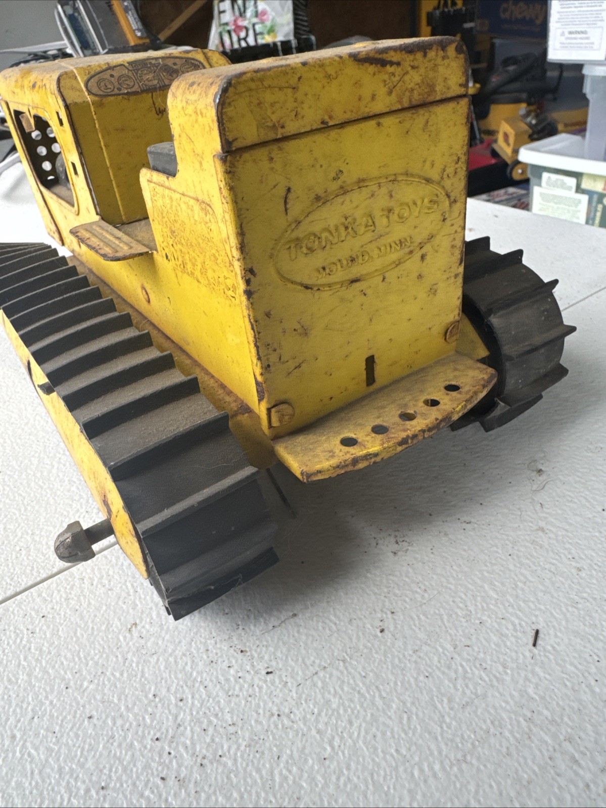 Vintage Toy Bulldozer, Yellow Black Painted Pressed Steel Missing the Blade