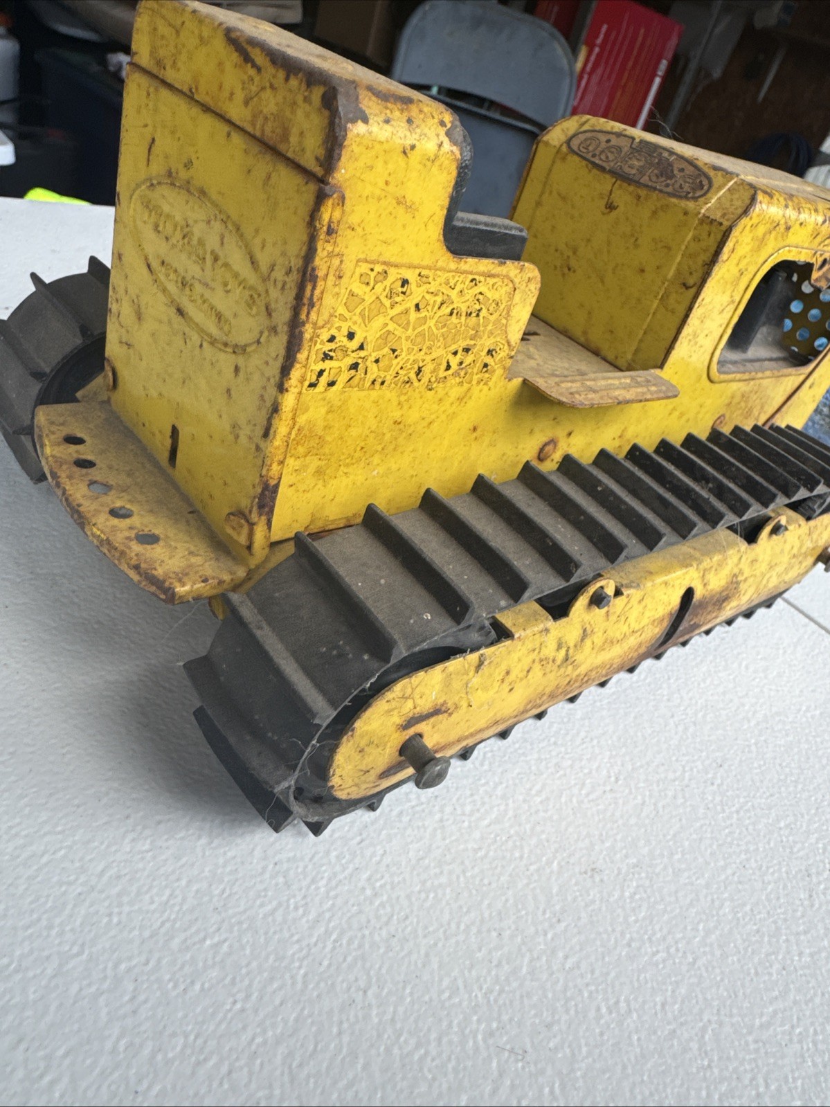 Vintage Toy Bulldozer, Yellow Black Painted Pressed Steel Missing the Blade