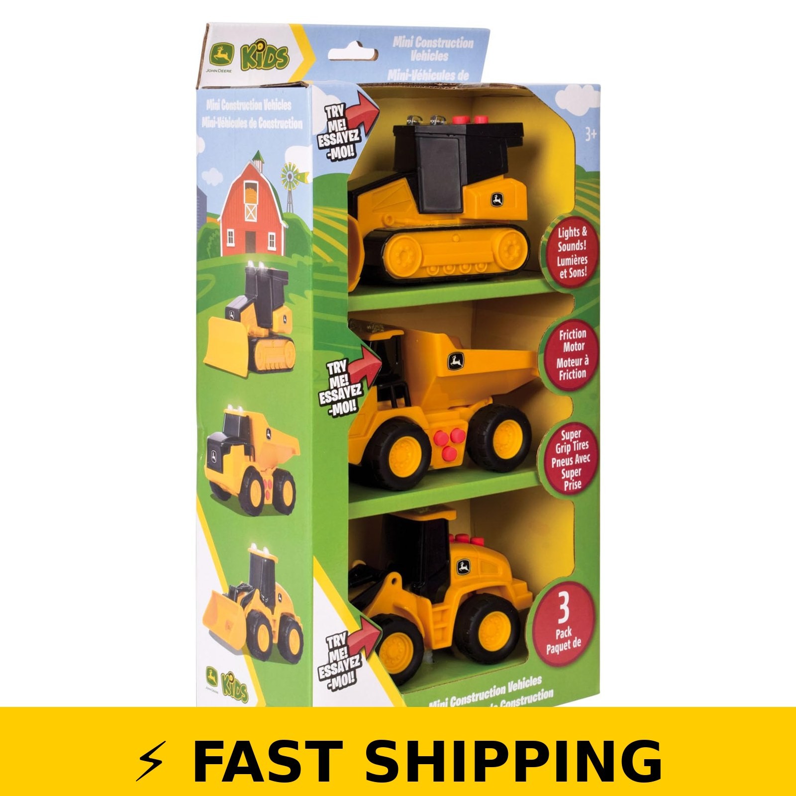 John Deere 3-Pack Mini Construction Vehicles Set with Lights & Sounds