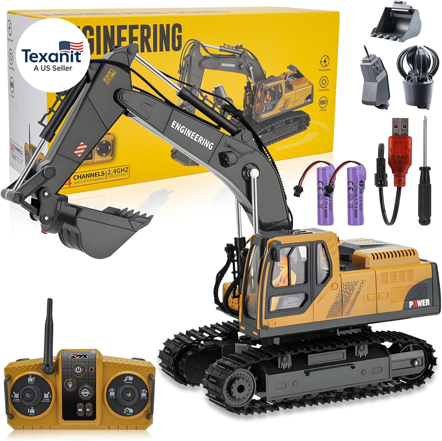 RC Excavator Toy for Boys 3-12, 3-IN-1 Bucket/Claw/Drill, 2.4Ghz 14 Channel Cons