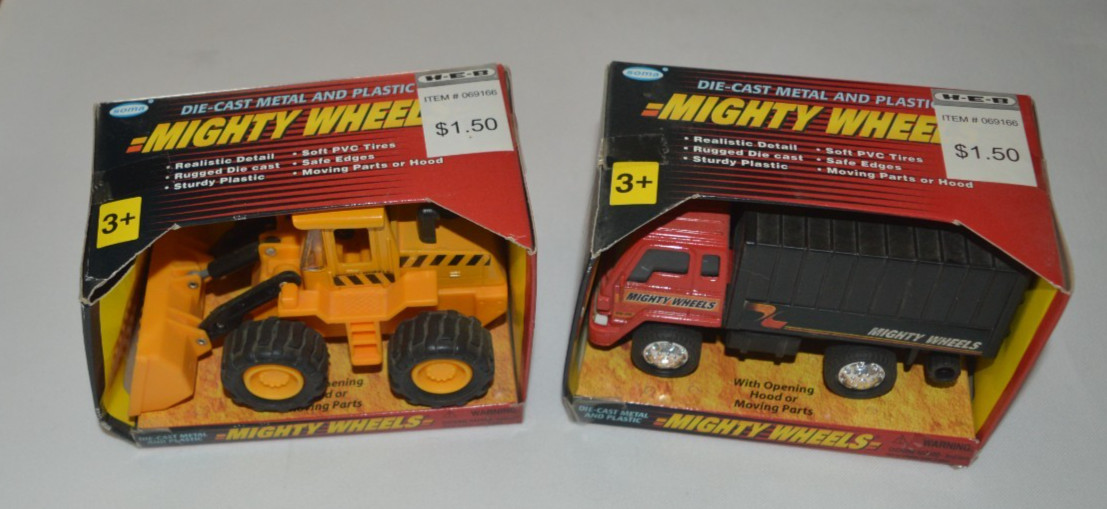 MIGHTY WHEELS MADE BY SOMA – YELLOW WHEEL LOADER & RED & BLACK TRUCK HAULER