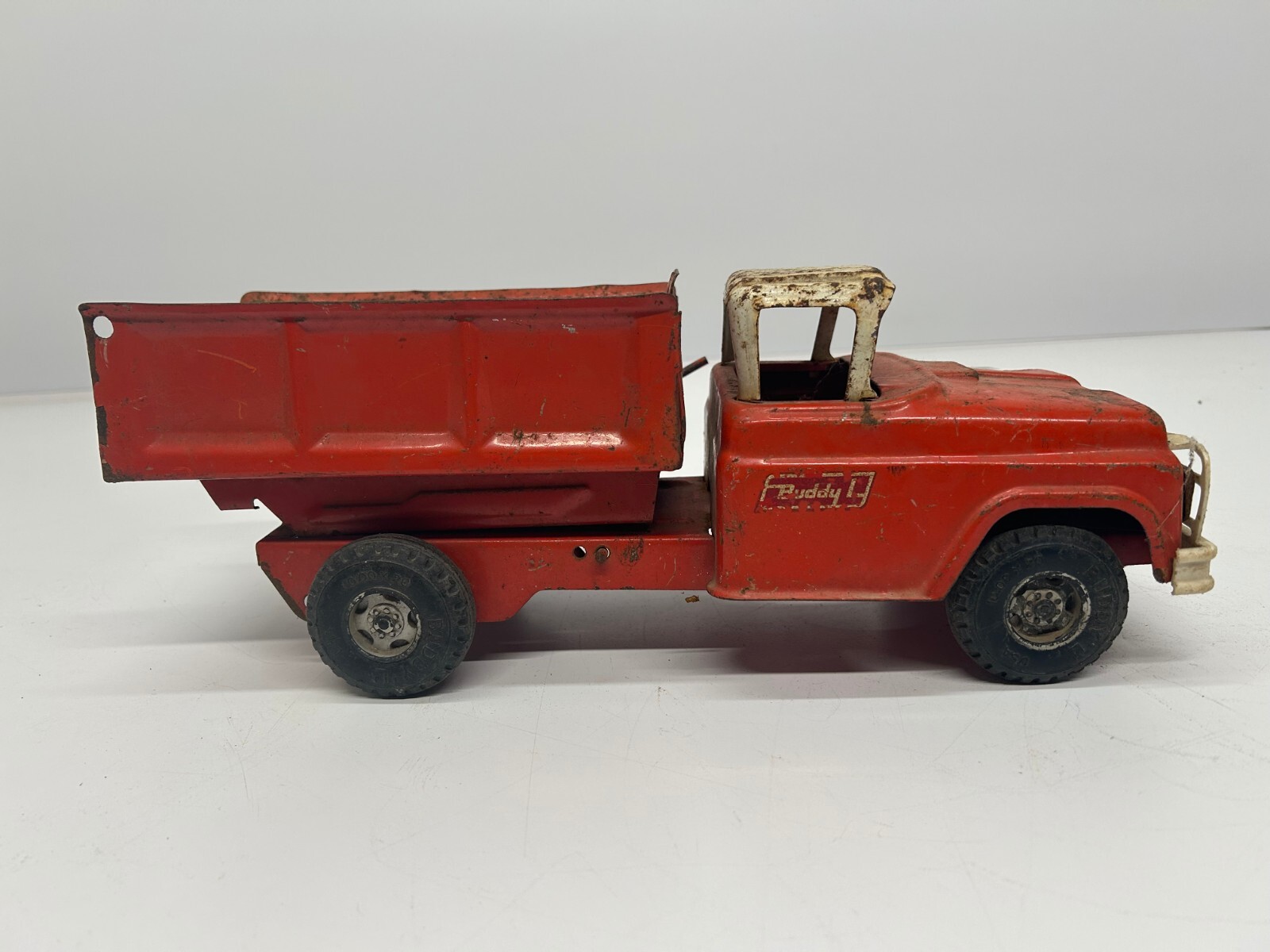 Vtg Buddy L c1960s Dump Truck Pressed Steel Toy Car Red 15&Prime;