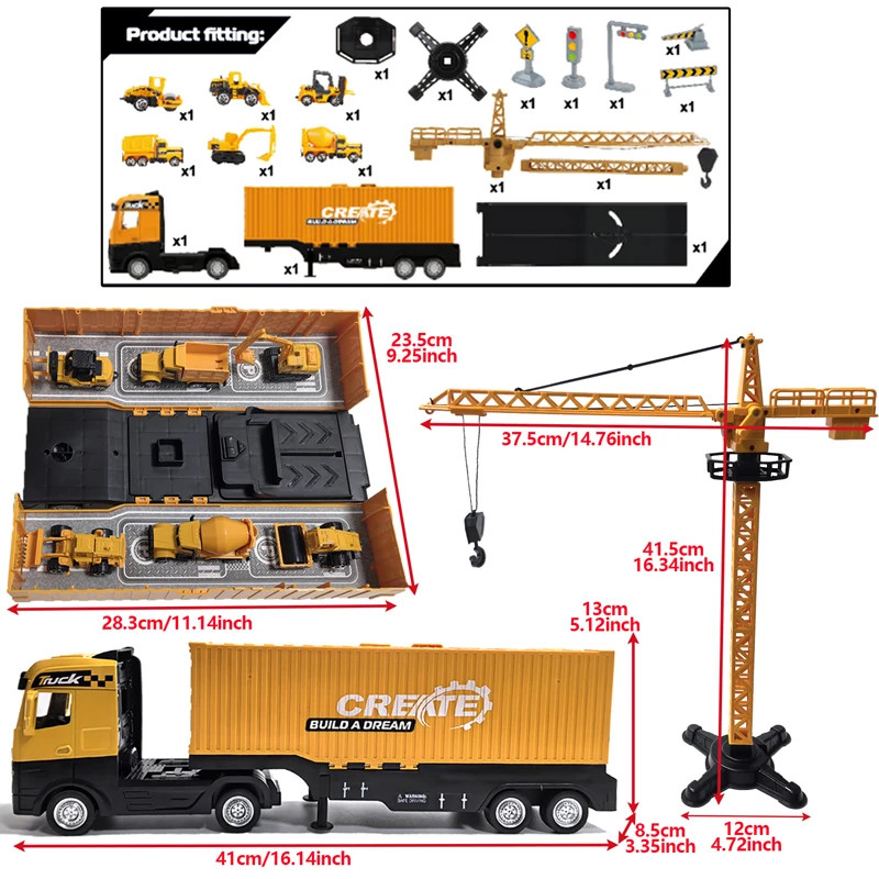 Alloy Bulldozer Tower Crane Truck Excavator Toys Set Vehicles Construction