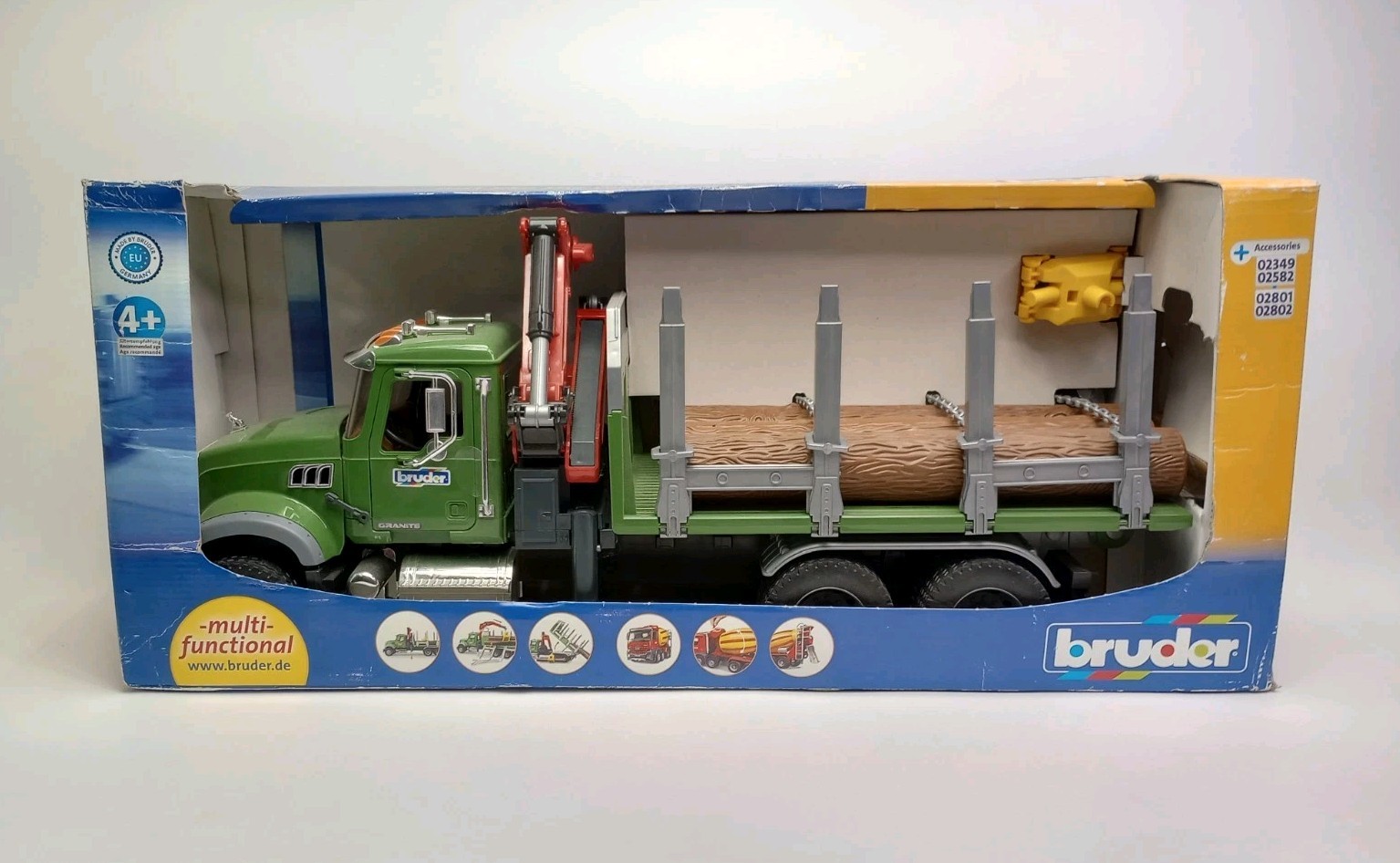 Bruder 02824 Mack Granite Timber Truck w/ Loading Crane and 3 Trunks