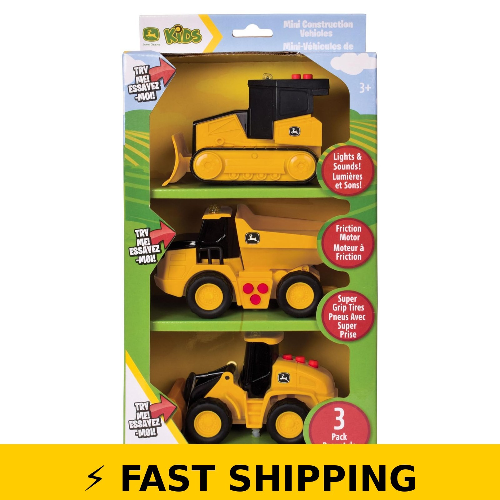 John Deere 3-Pack Mini Construction Vehicles Set with Lights & Sounds