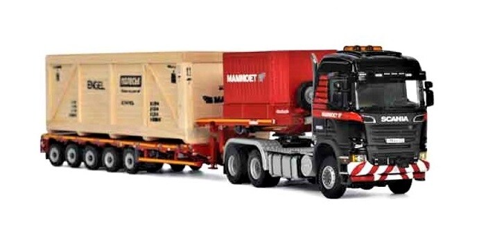 WSI 410212 Scania R6 Tractor + 5X Stepdeck Trailer + Crate – Mammoet 1/50 MIB