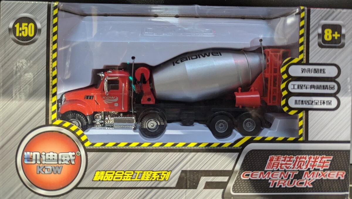 KDW 102437 1:50 Die Cast KDW Kaidiwei Red & Silver Cement Mixer Truck