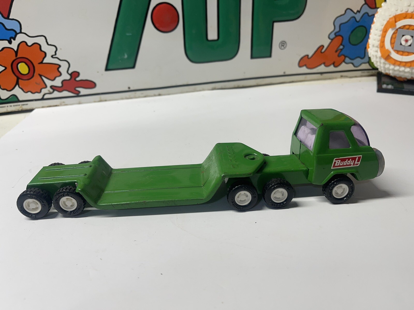 VINTAGE BUDDY L GREEN TRUCK & LOWBOY TRAILER FLATBED HAULER JAPAN