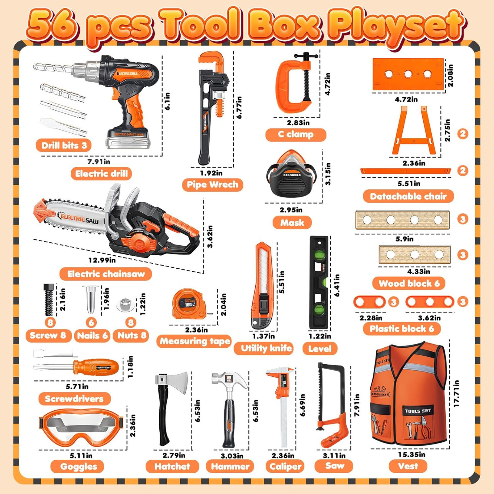 Kids Tool Set Toys, 56 Pcs Toddler Tool Set with Toy Chainsaw & Electronic