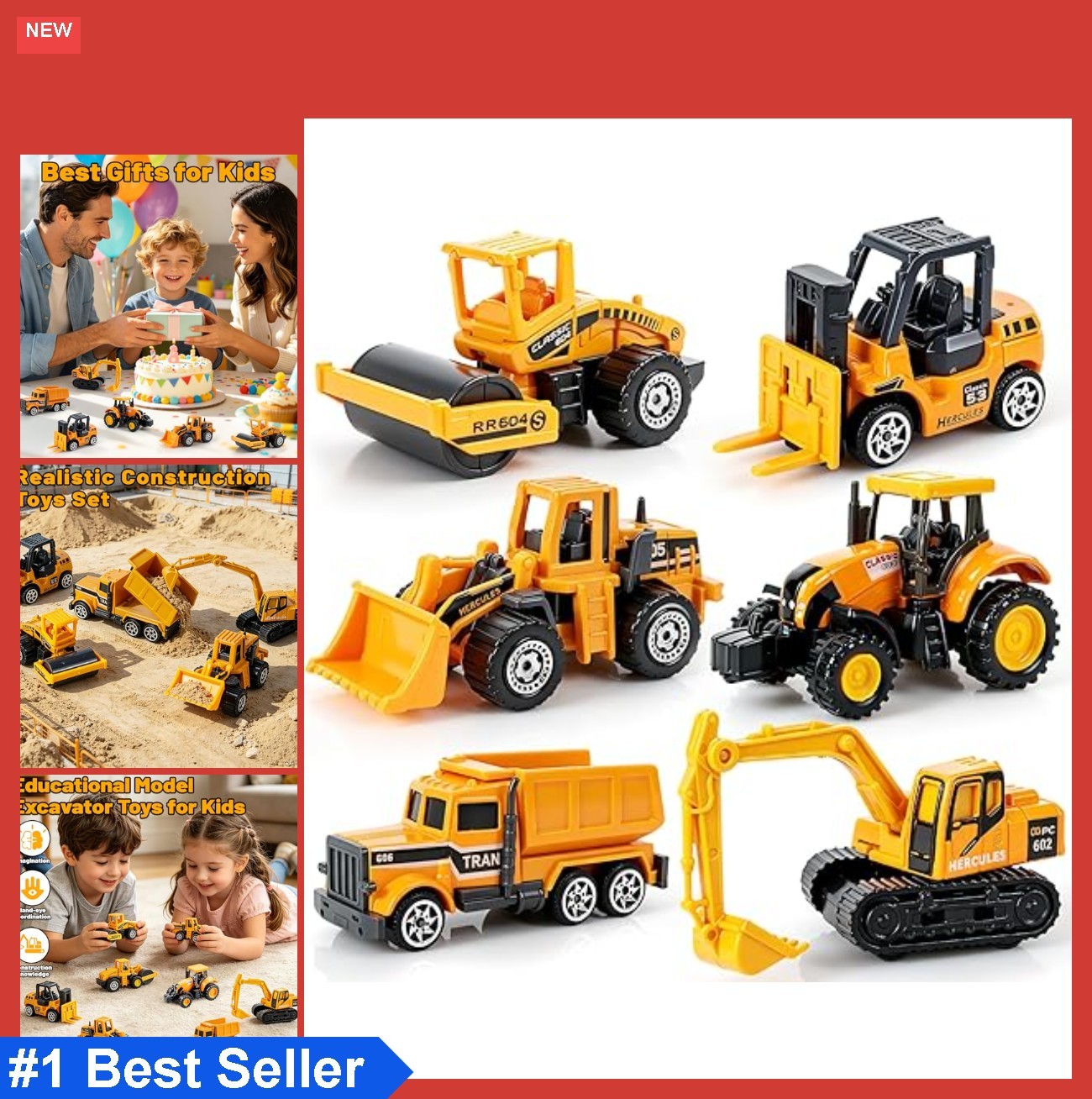 6 Pack Diecast Construction Toy Mini Excavator Truck Set for Boys Age 3 4 5 6