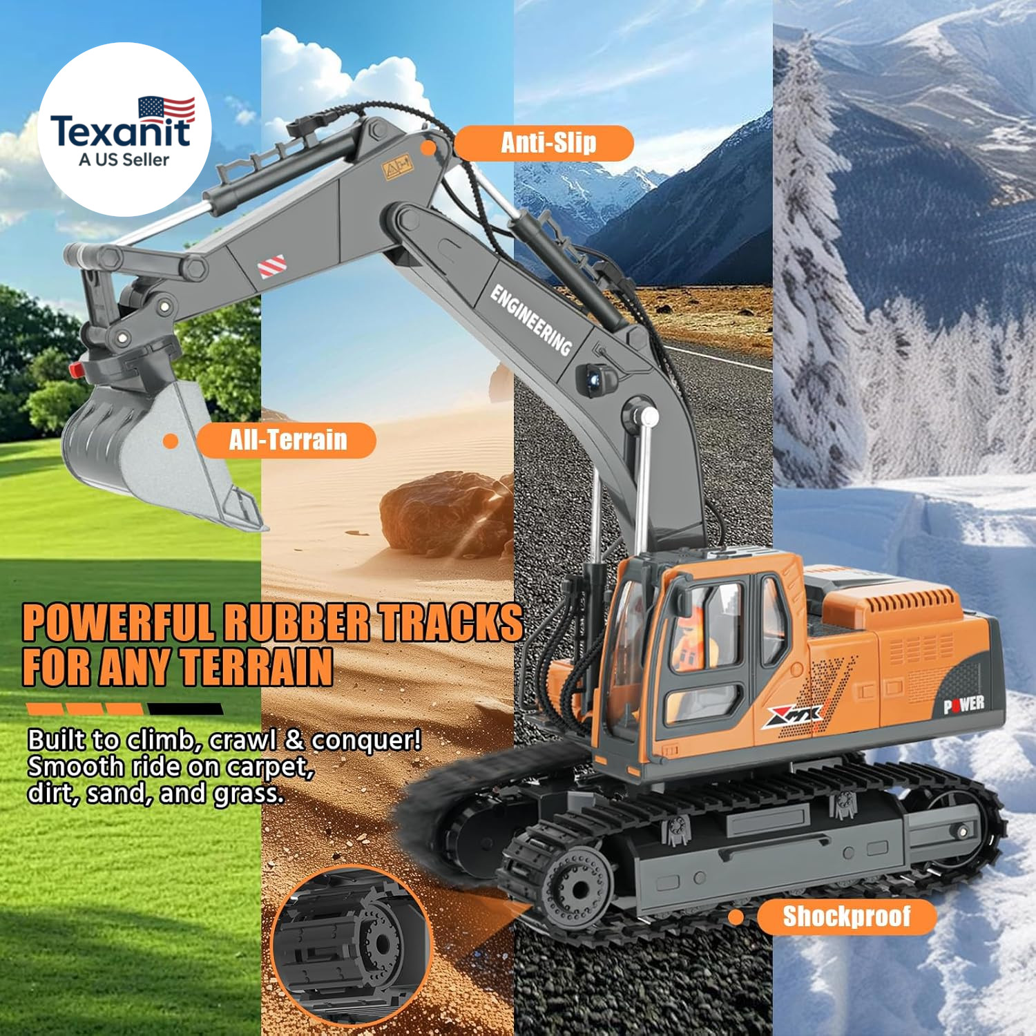 RC Excavator Toy for Boys 3-12, 3-IN-1 Bucket/Claw/Drill, 2.4Ghz 14 Channel Cons