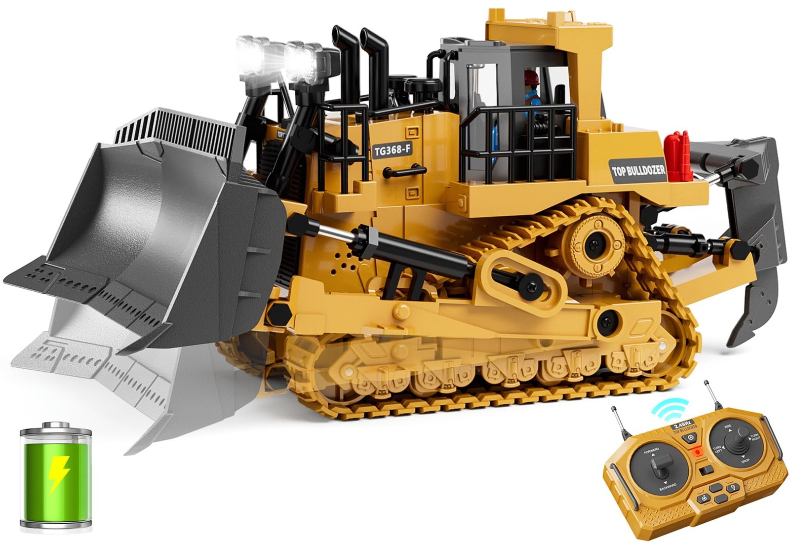KIDMARKT Metal RC Bulldozer Toy 9-Channel Remote Control Tractor with Lights &