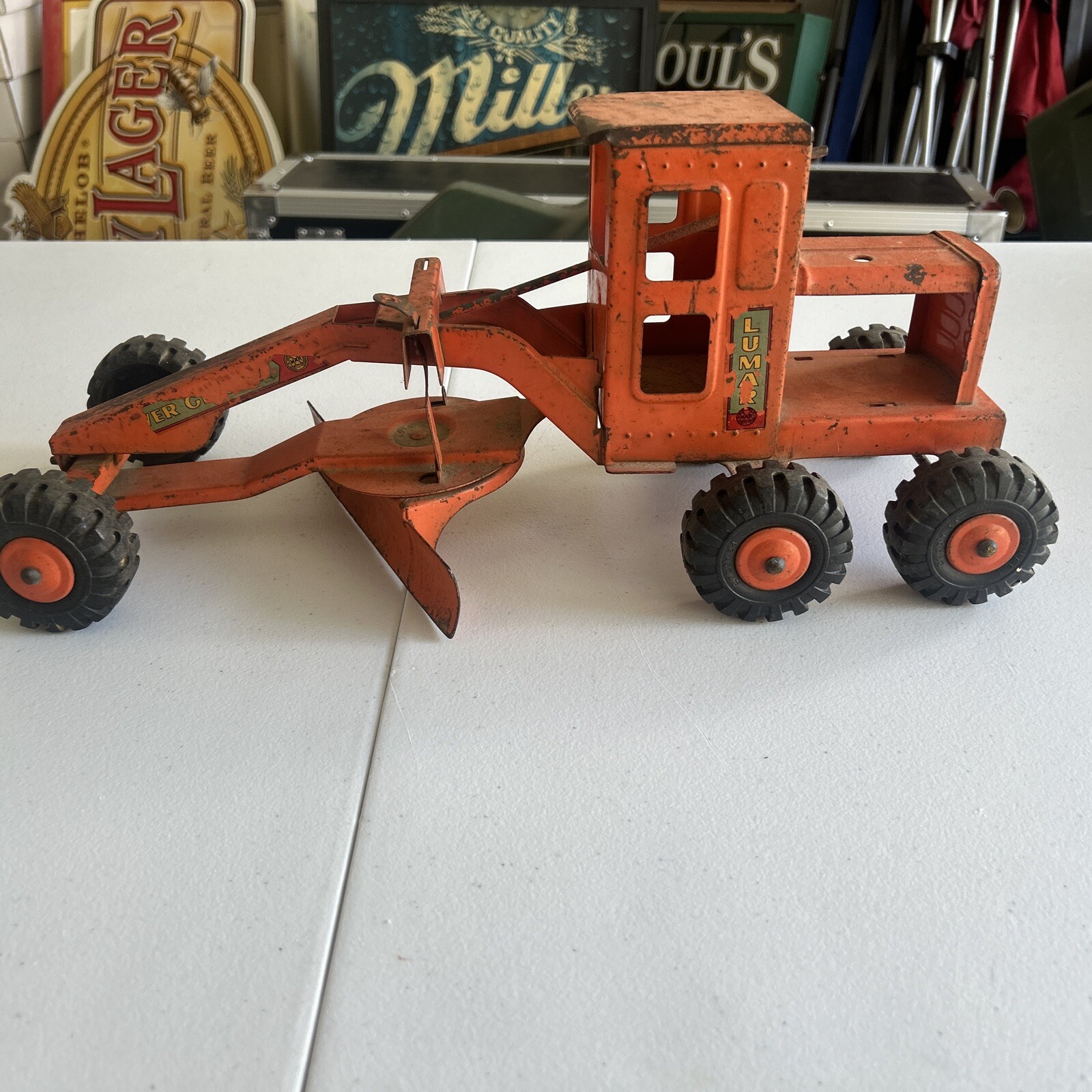 Vintage Marx 1950s Orange Lumar Power Road Grader Pressed Steel Toy USA NICE
