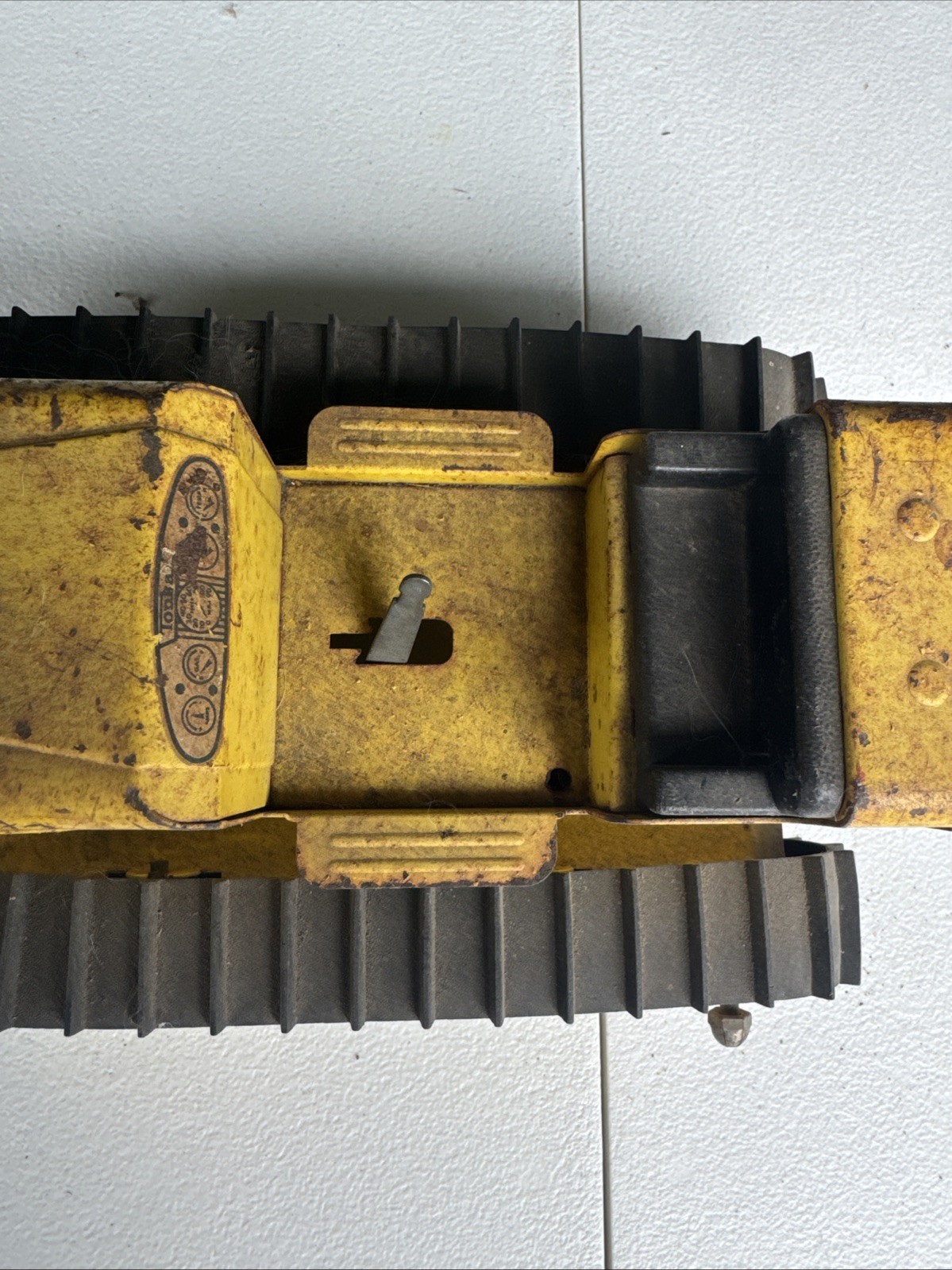 Vintage Toy Bulldozer, Yellow Black Painted Pressed Steel Missing the Blade