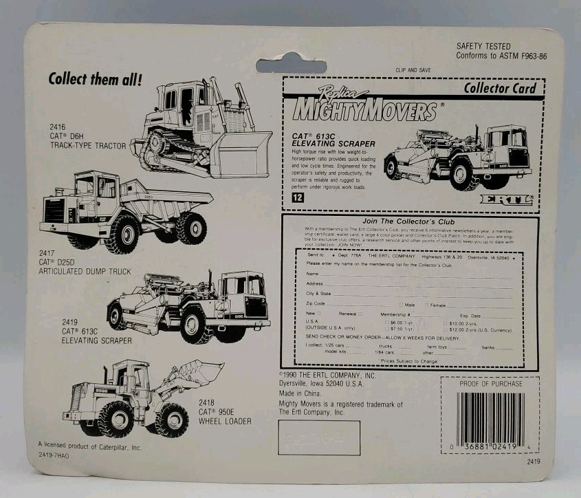 Caterpillar 613C Elevating Scraper 1992 ERTL Mighty Movers 1/64 diecast #2419