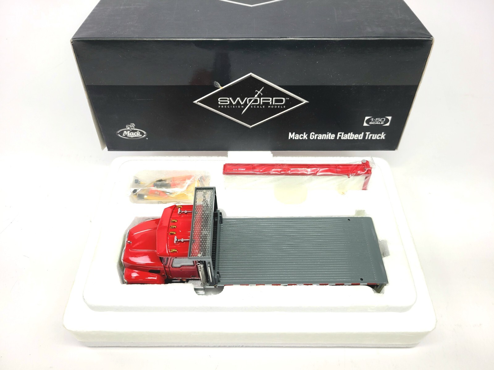 Mack Granite Flatbed Truck – Red – Sword 1:50 Scale Diecast Model #SW2102-R New