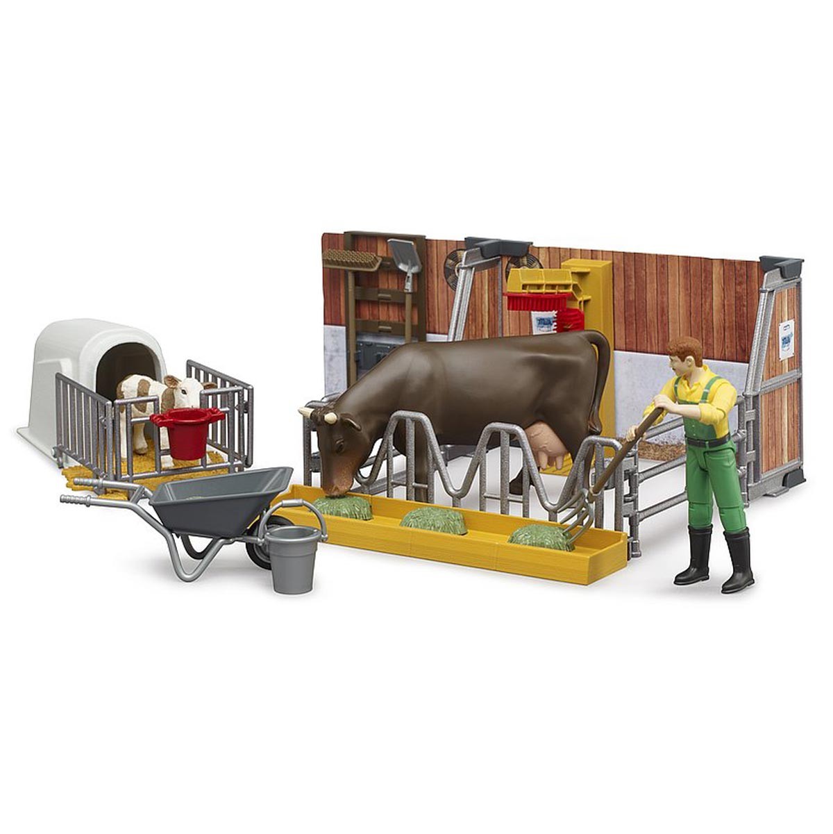 1/16 Bworld Cow & Calf Barn with Farmer by Bruder 62611