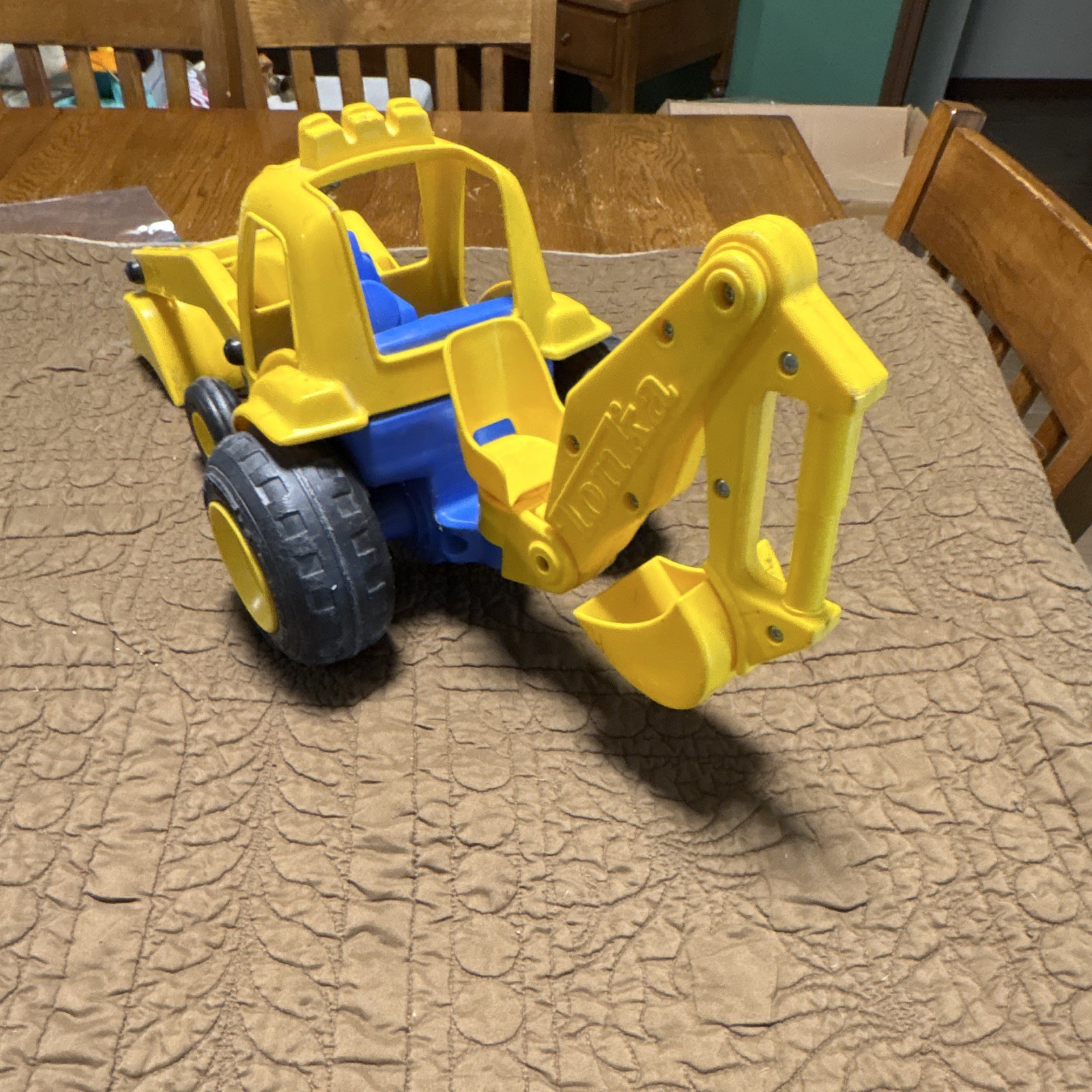 Yellow/Blue Plastic Backhoe Loader Construction Vehicle Toy w/ Bucket