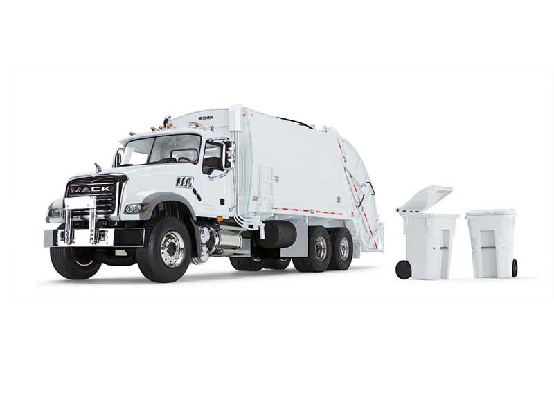 Mack Granite MP w/ McNeilus Rear Loader and Trash Carts 1:34 Scale Diecast Model