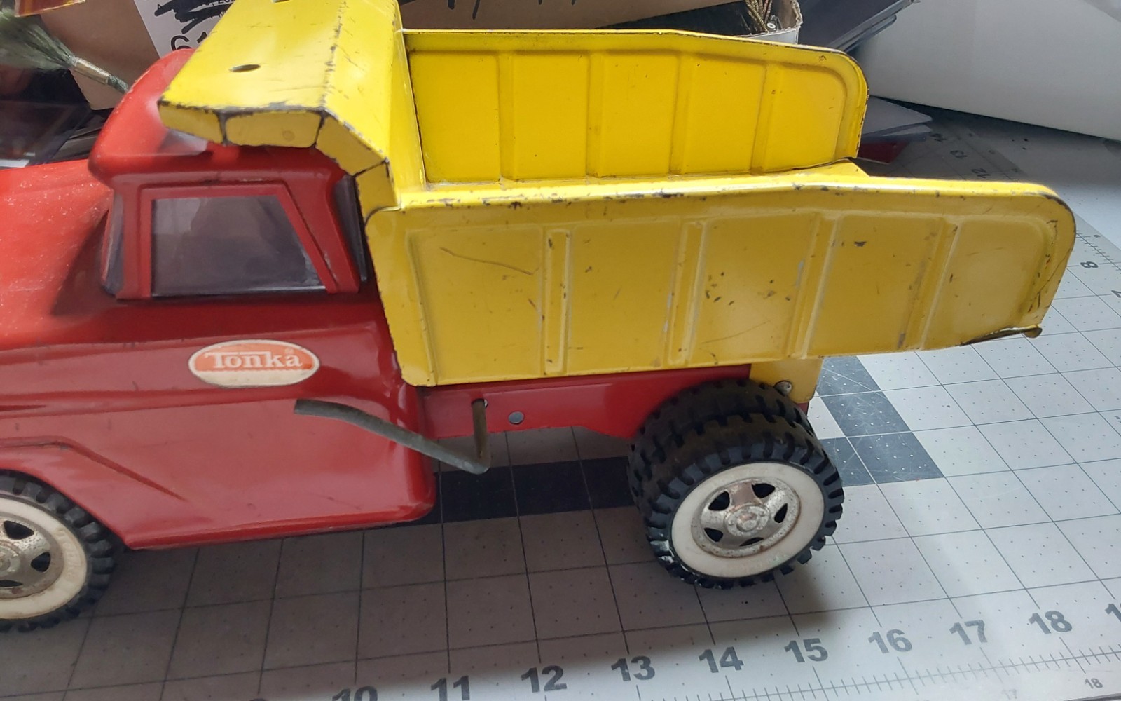Tonka Pressed Steel Square Front Yellow Red Dump Truck
