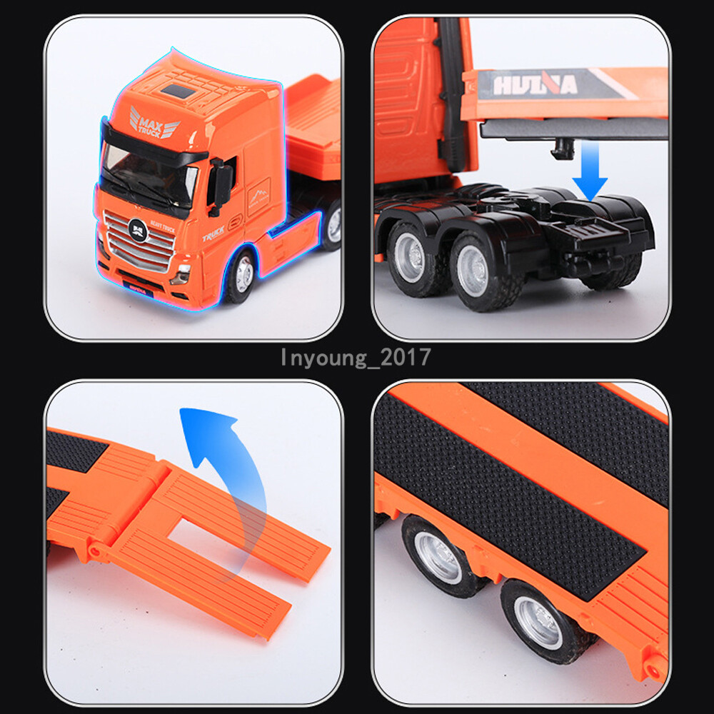1:50 Flatbed Truck with Excavator Trailer Transporter Diecast Model Set Orange