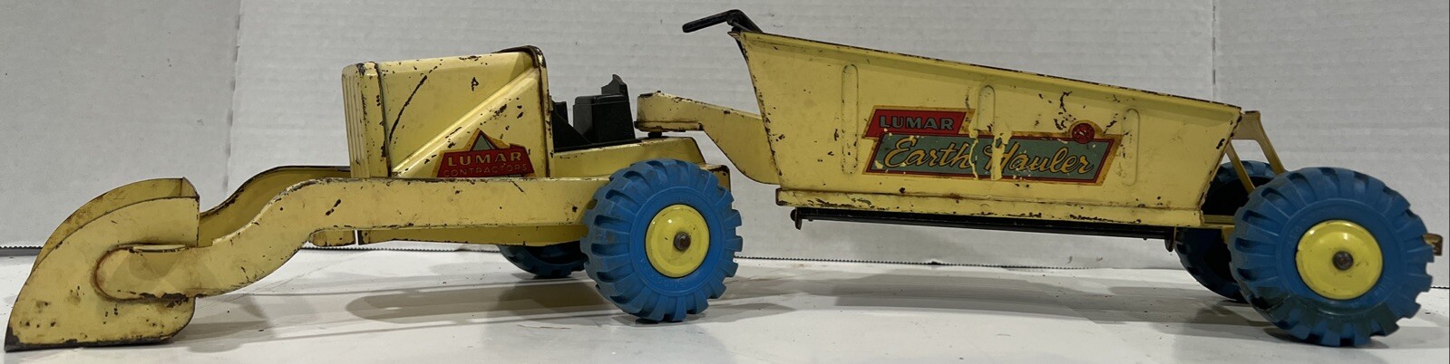 VINTAGE MARX LUMAR CONTRACTORS EARTH HAULER Toy Rare “Blue Wheels/ Yellow Color”
