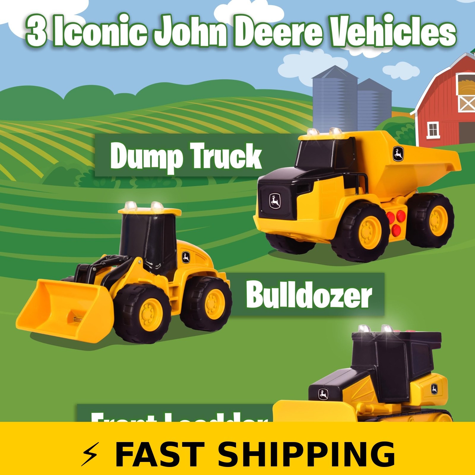 John Deere 3-Pack Mini Construction Vehicles Set with Lights & Sounds