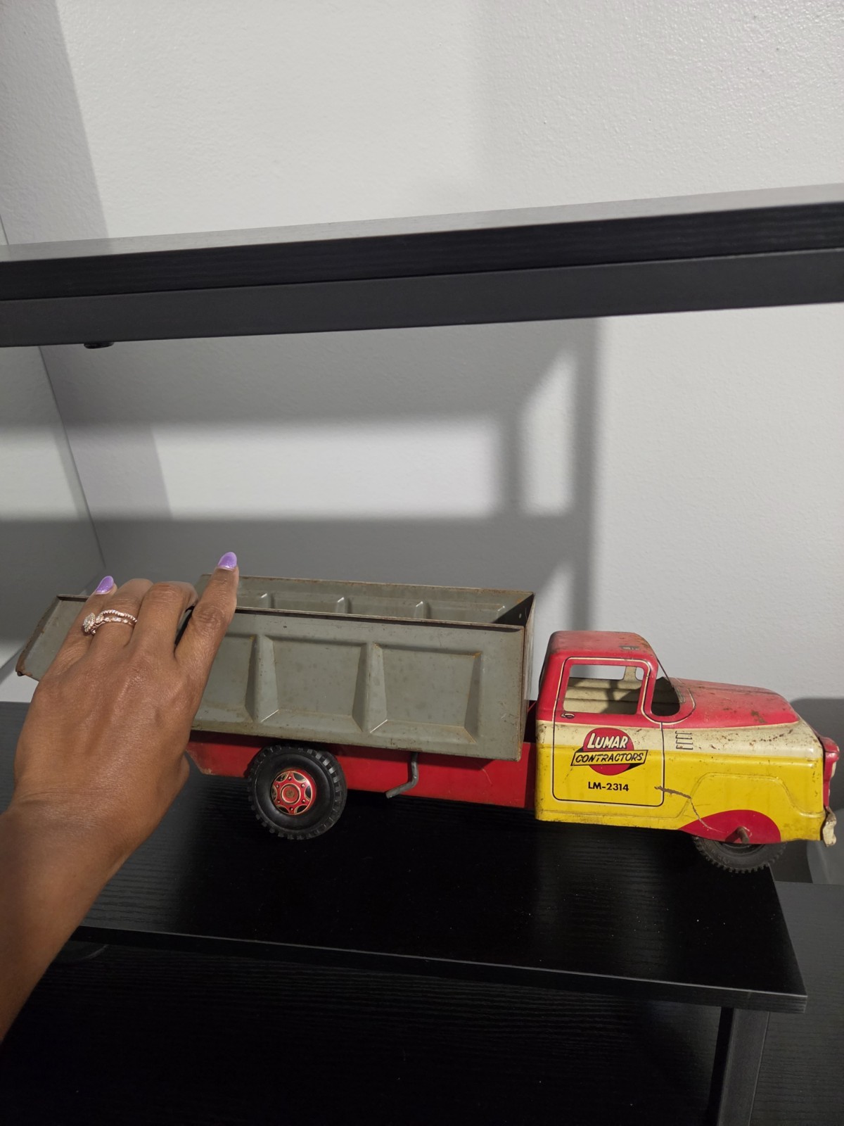 Lumar LM-2314 Vintage Tin Dump Truck Advertising Specimen Red/Yellow/Gray