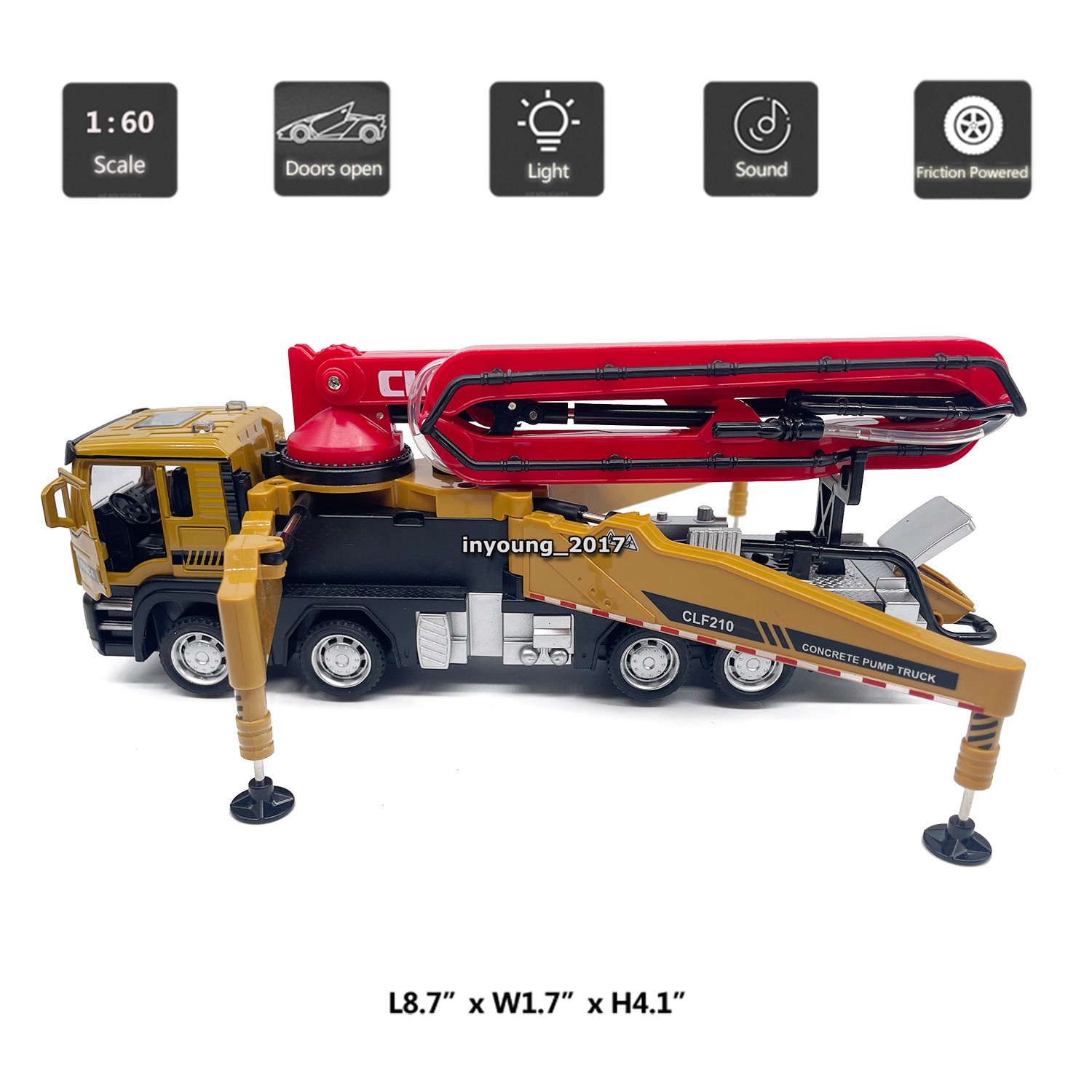 1:60 Concrete Pump Truck Model Toy Car Diecast Construction Toy Vehicle Yellow