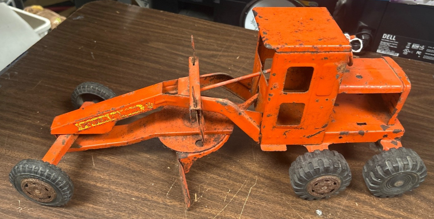 Vintage 50’s Marx Lumar Toy Road Grader Orange Pressed Steel Power Grader